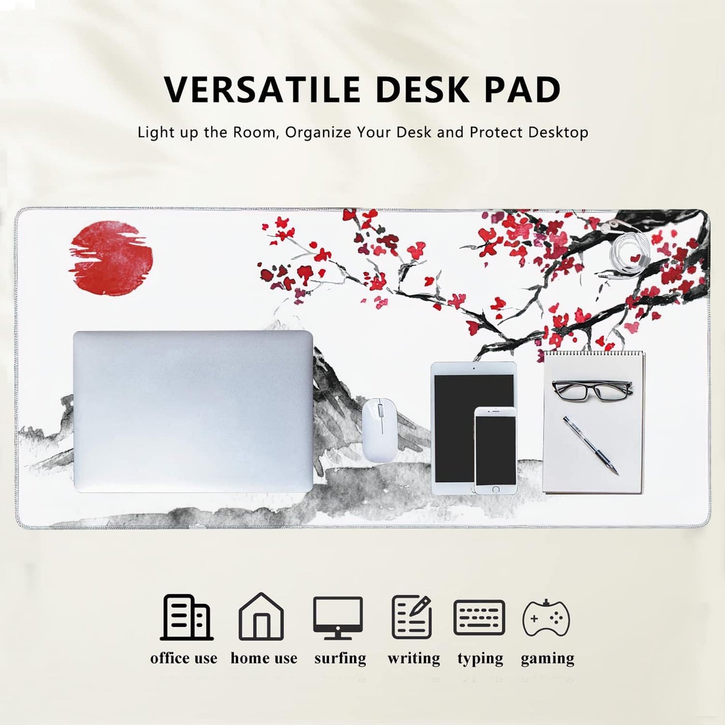 Japan Traditional Sumi-e Painting Extended Gaming Mouse Pad Large Desk Mat with Non-Slip Rubber Base and Stitched Edges,Keyboard Mouse Mat Desk Pad for Work,Game,Office,Home 35.4 * 15.7 Inch