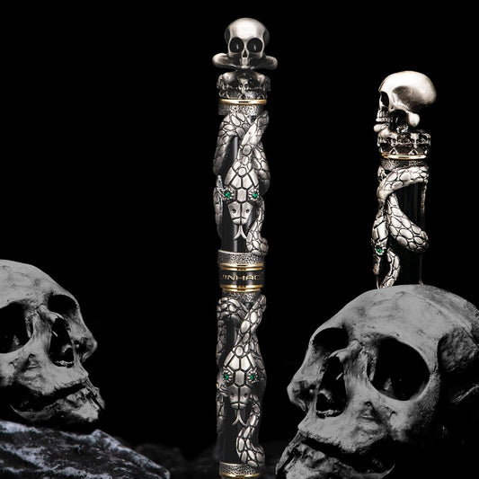 Jinhao Black Snake Fountain Pen Bent Nib Fude Pen with Skull Head Solid Metal
