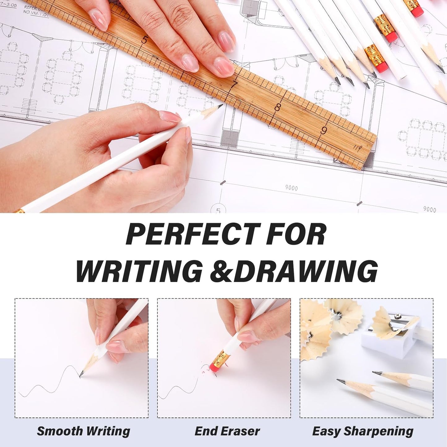 TecUnite 120 Pcs #2 HB Pencils with Eraser No 2 Unsharpened Wooden Hexagonal Pencils for Adults Gifts for School Exam art Learning Office Sketching(White)