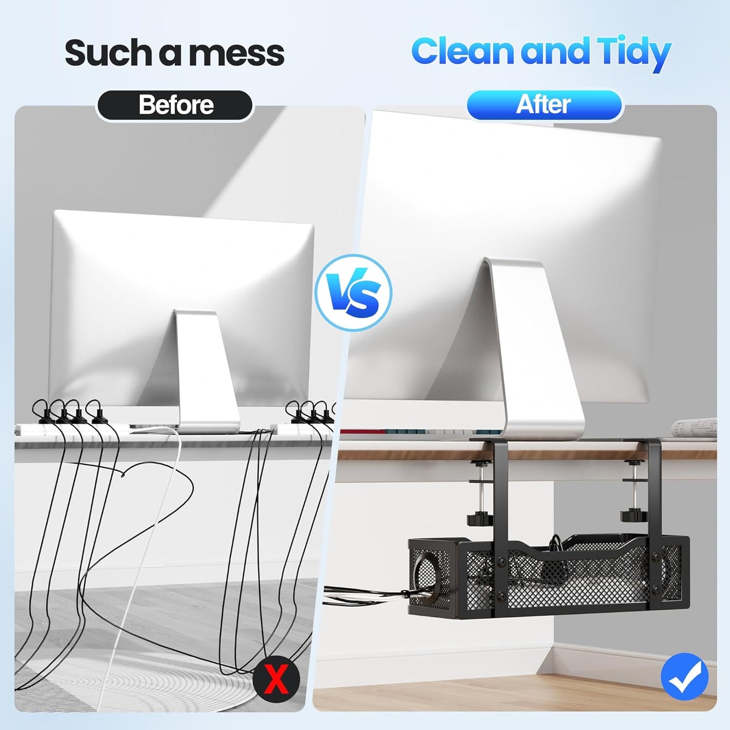 2 Pack Cable Management Under Desk Tray, No Drill Cable Management Box with Clamp for Wire Organization, Cord Organizer for Office, Home - No Damage to Desk (Black)