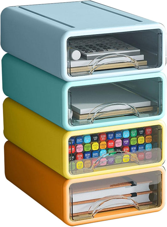 Desk Organizer with Drawers, Stackable Storage Drawers with Compartments Desktop Organization for Office Supplies, Makeup, Pencils, Tape, Erasers, Paperclips, Chargers (4 Pack)