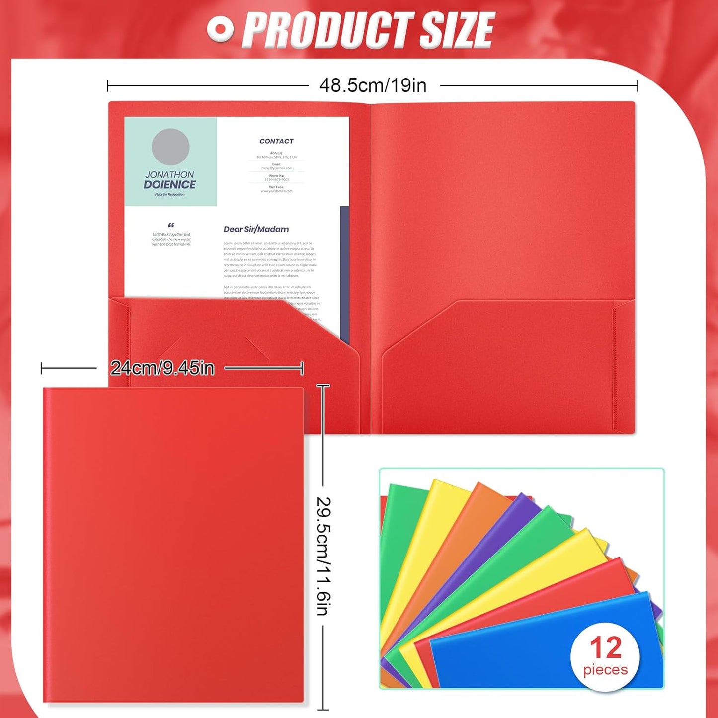 Gueevin 12 Pcs Plastic Folders with Pockets, Back to School Two Pocket Folder Fit Letter Size, Heavy Duty School Business Card Holder for Home Office, 11. 61 x 9. 45 Inches (Bright)