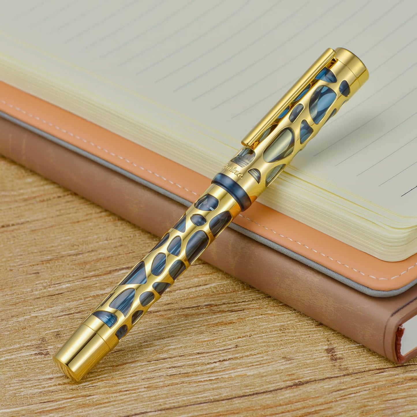 Asvine V169 Vacuum Filling Fountain Pen Extra Fine Nib, Water Drop Skeleton Gold Trim Transparent Gray Blue Acrylic Pen Case Set