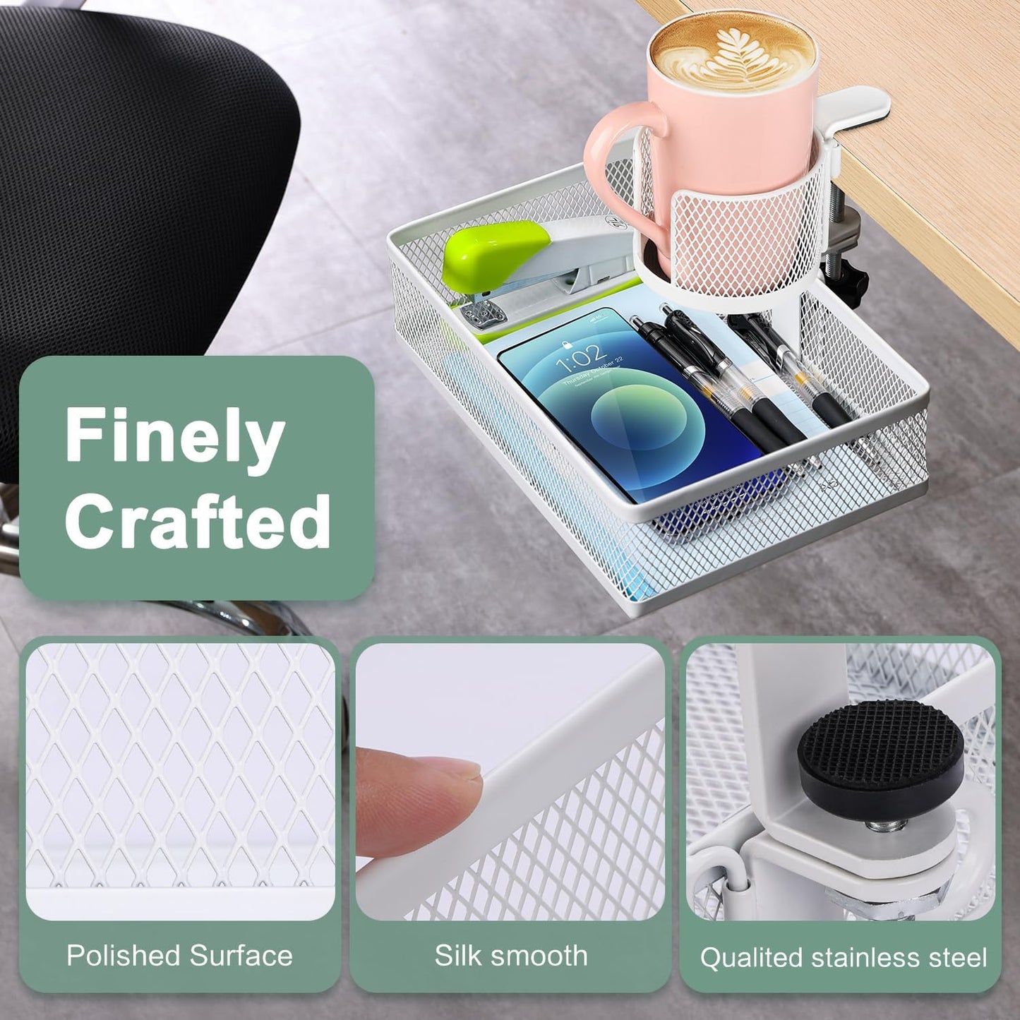 ROSYLINE 360°rotation under desk drawer, Drawer Under Desk Storage Organizer, Rotary Desk Storage Organizer with Cup Holder, Under Desk Storage, Clamp Drawer Basket, sturdy and durable (White)