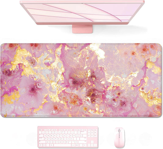 Auhoahsil Large Mouse Pad, XXL Gaming Mousepad, Desk Mat for Desktop, Thick Rubber, Big & Long Size, Stitched Edges, Full Desk Pad for Laptop & Computer, Extended 35.4 x 15.7 in, Pink Gold Marble