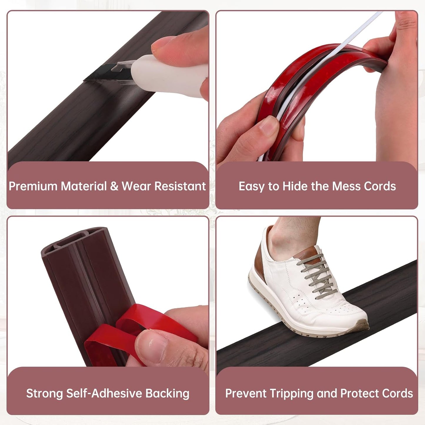 Floor Cord Cover Self Adhesive Cord Hider Floor Extension Cord Covers for Floor Power Cord Protector Cable Management Prevent Cable Trips Cable Cavity 0.59" W x 0.31" H (Dark Walnut, 20Ft)