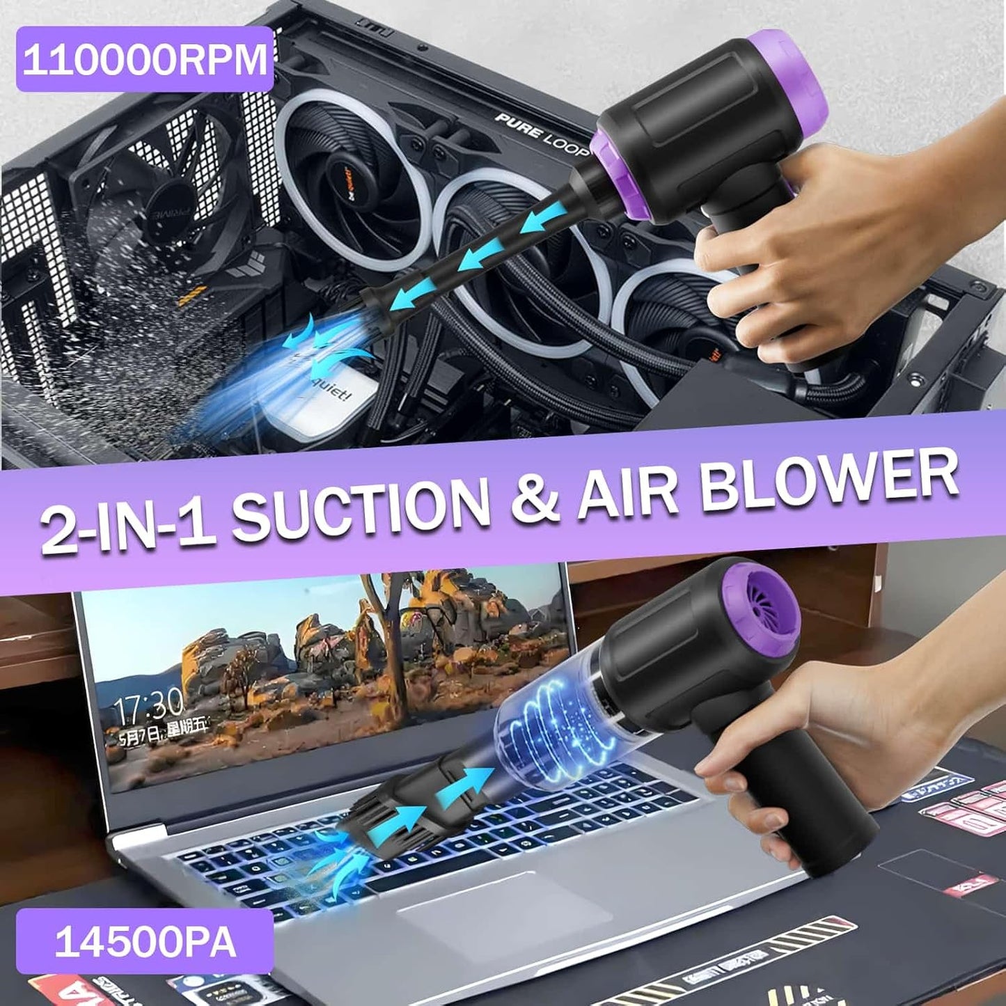14500PA Computer Vacuum Cleaner Keyboard Cleaner Compressed Air Duster - Cordless Handheld Mini Vacuum for PC/Laptop Cleaning - Portable Air Duster for Car/Home/Office