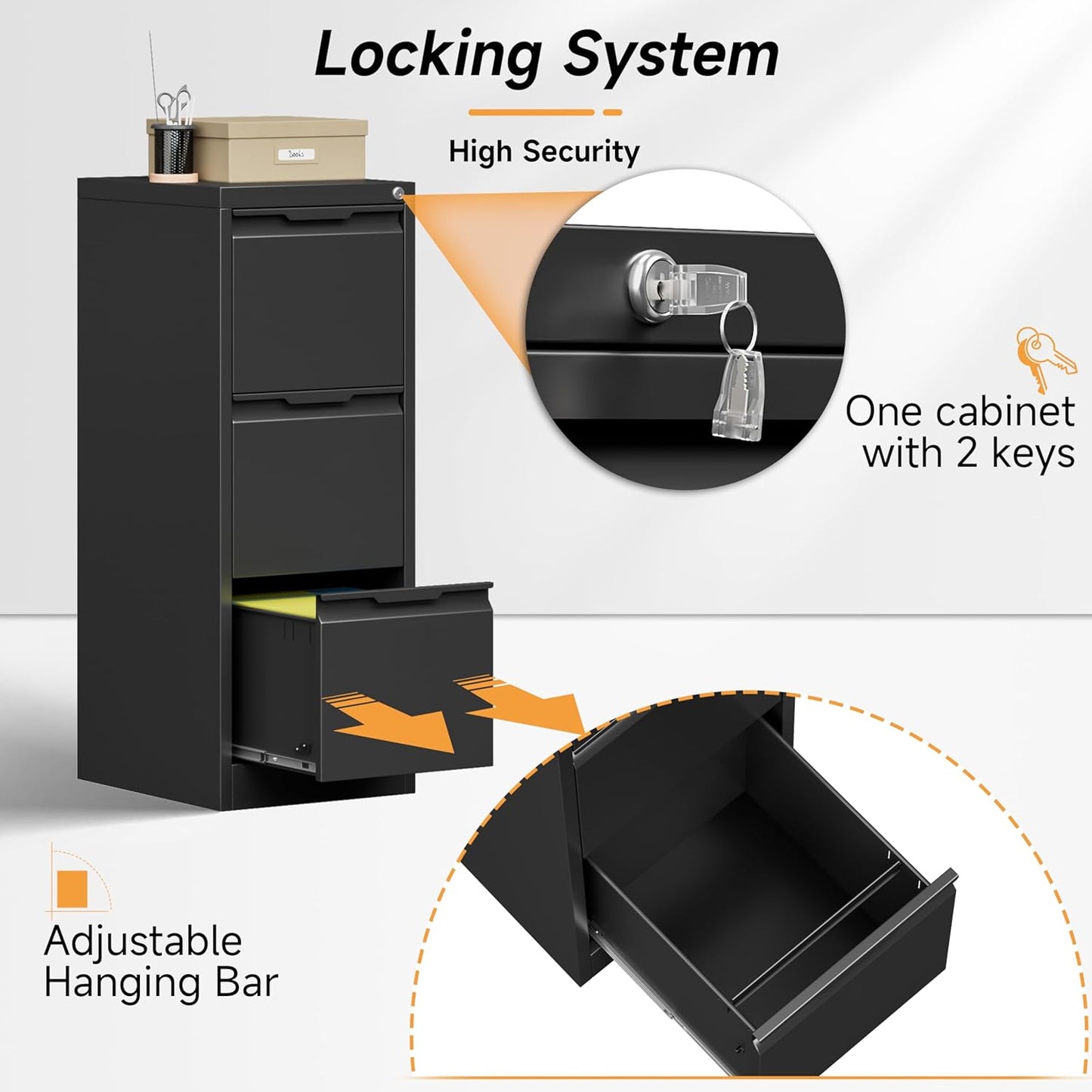 17.8" D File Cabinet, 3 Drawer Metal Filing Cabinets with Lock, Locking Vertical File Cabinet for Letter/Legal/A4/F4 Size, Easy Assemble (Black)