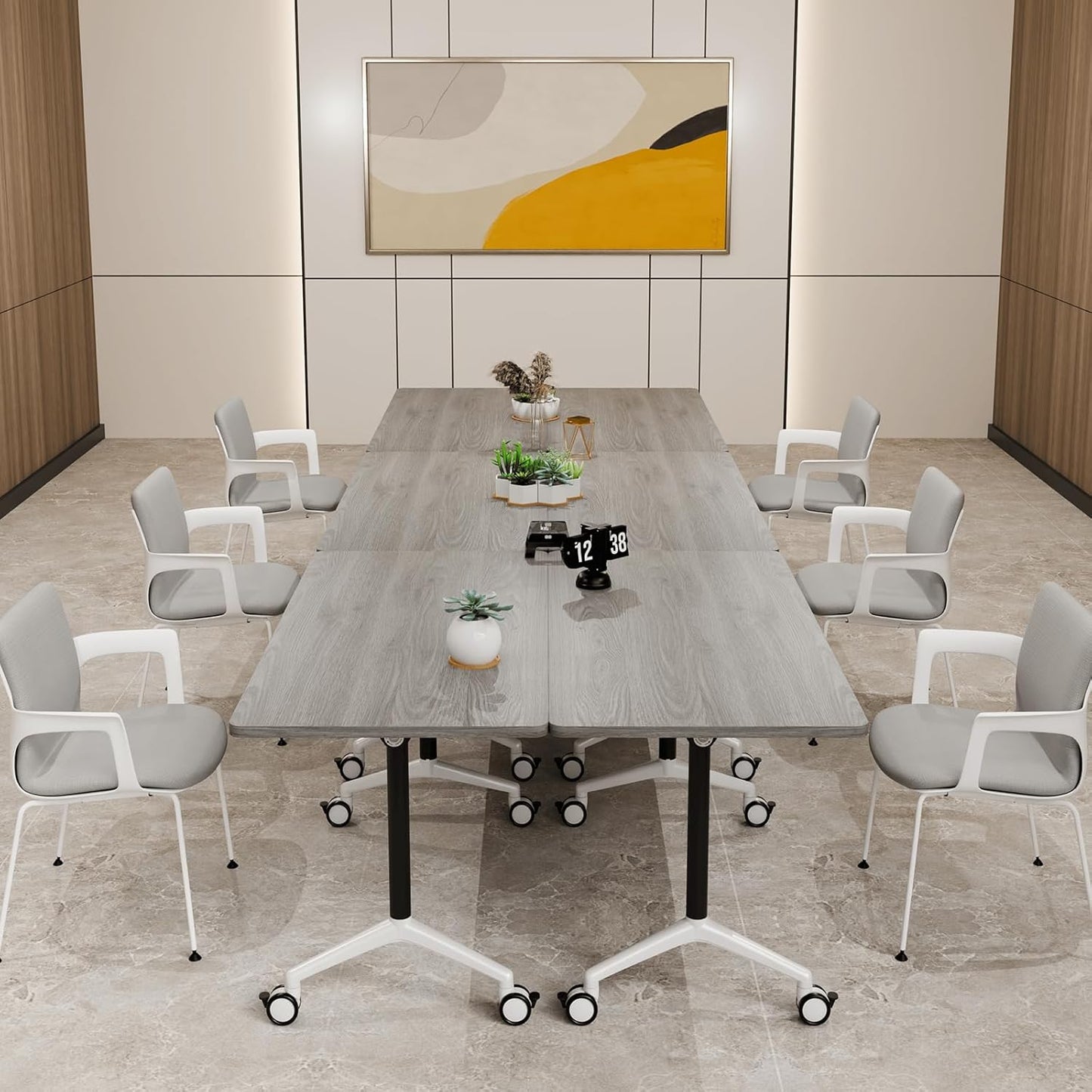 Folding Conference Table, Modern Large Conference Room Tables with Flip-Top Design, Foldable Conference Table Meeting Table with Wheels, Mobile Seminar Training Tables for Office Classroom (4, Oak)