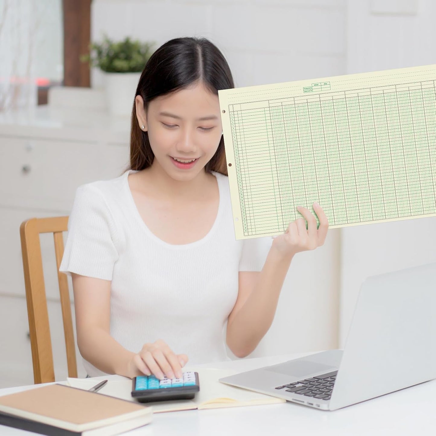 Fulmoon 5 Pack 250 Sheets Ledger Paper Accounting Columnar Pads 3 Hole Analysis Accounting Ledger Book for Business, 50 Sheets/Pack, Single Page Format, Green(16.375 x 11 Inch,13 Columnar)