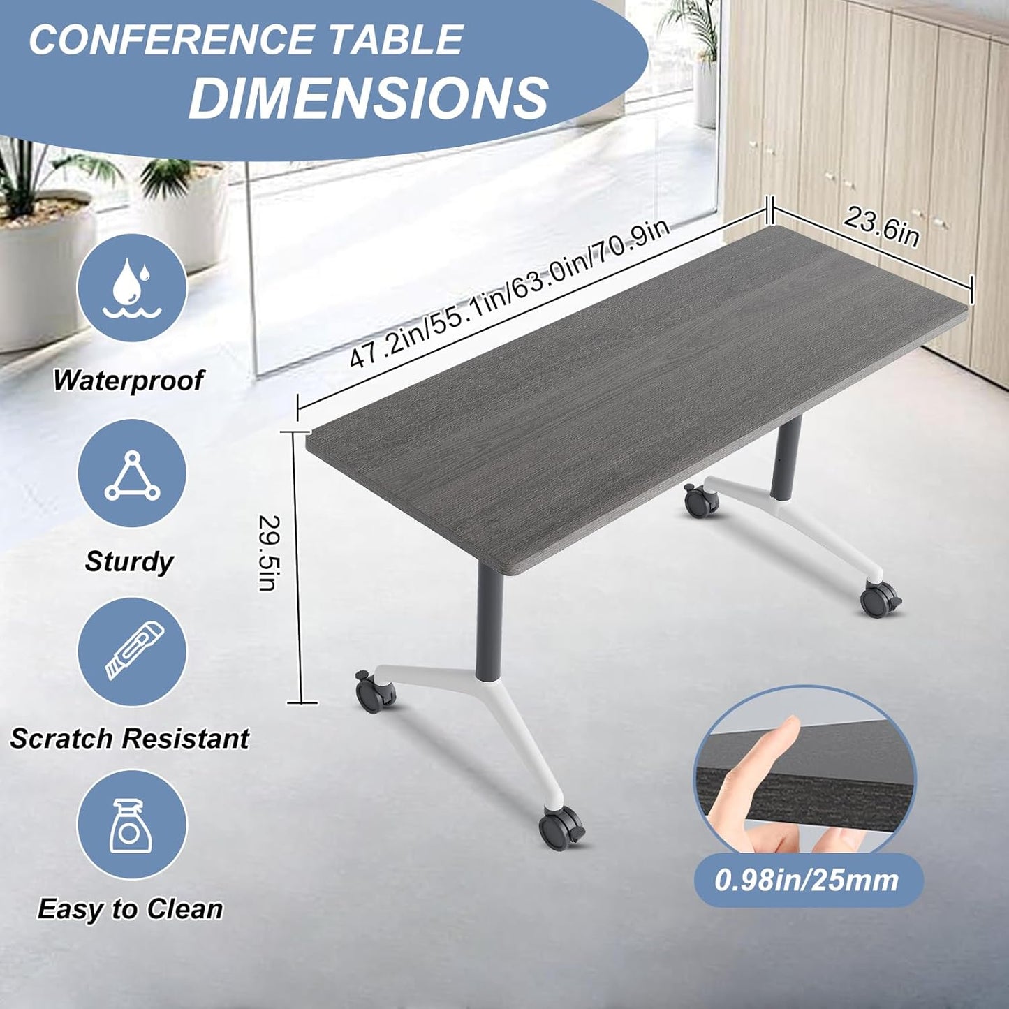 Folding Conference Table, Mobile Training Table for Office Conference, Modern Modular Rectangular Work Desk Meeting Seminar Work Tables with Caster Wheels, Large Breakroom Tables (2Pack L47.2in)