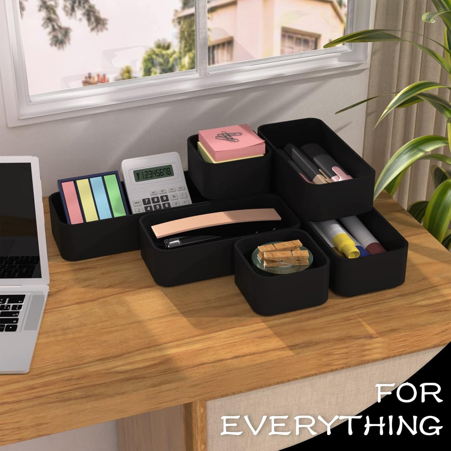 CHANCETSUI 6 PCS Stackable Drawer Organizers Set, Versatile Desk and Vanity Drawer Organizer Trays, Storage Bins for Makeup, Bathroom, Bedroom, Kitchen and Office, Black