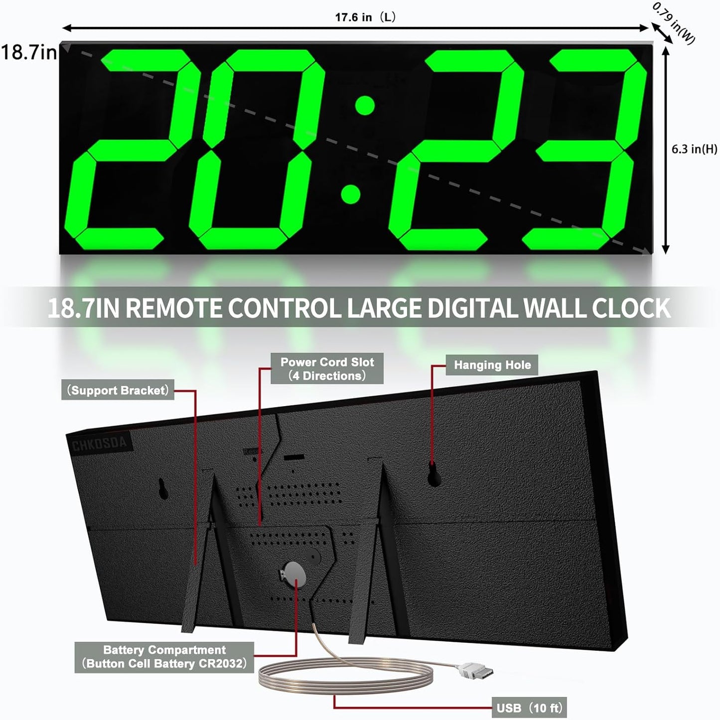 18.7in Large Digital Wall Clock,LED Digital Clock whih Big Number,Multi-Function Remote Controlled Wall Clock with Timer, Alarm and Calendar Display(Green)