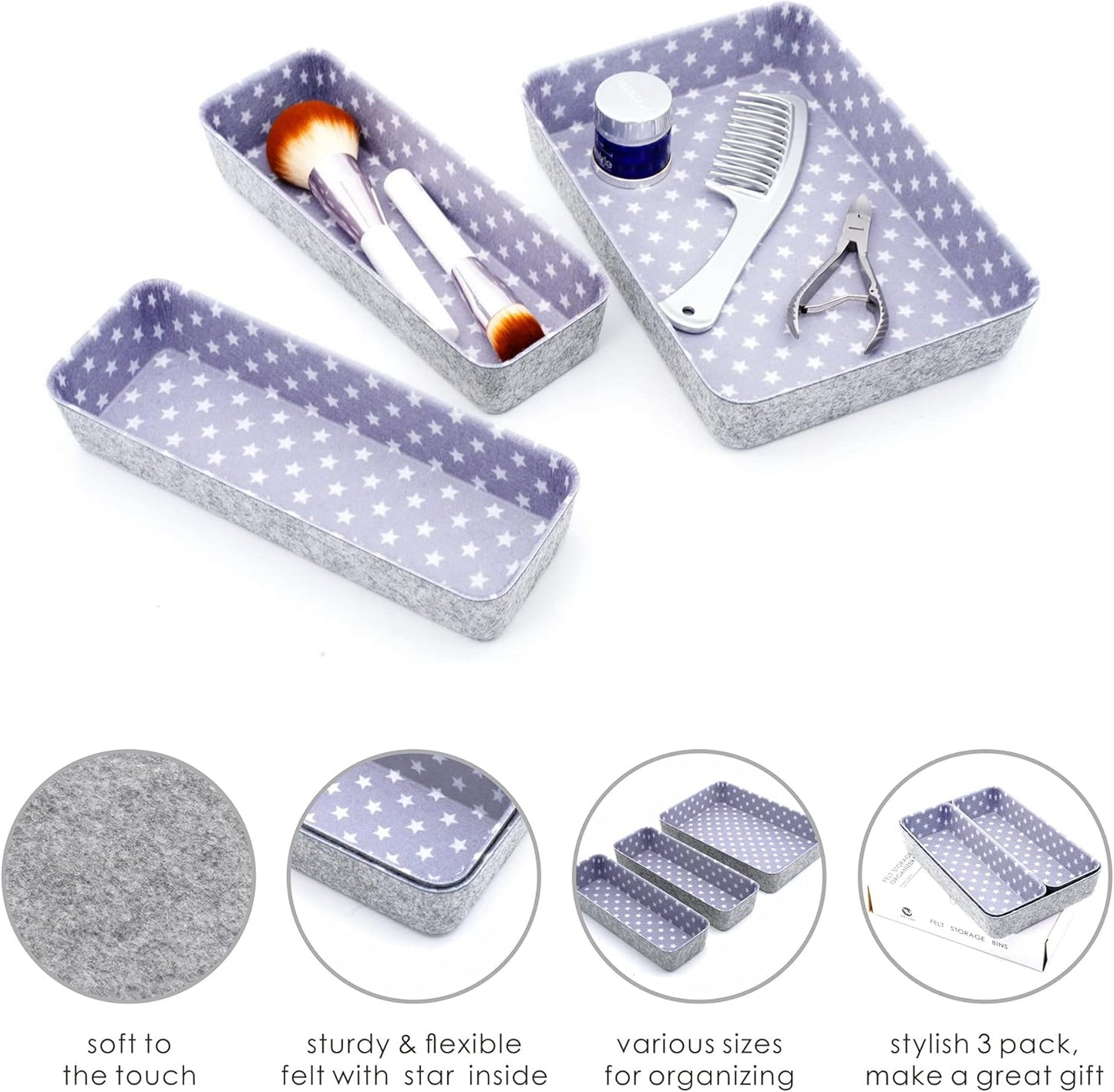 Welaxy Desk Drawer Organizer Bins with Modern Pattern Home Office Storage Bin Sturdy Small Sharrow Cozy Cubby Organize Box Gifts idea 3-Piece (Star)