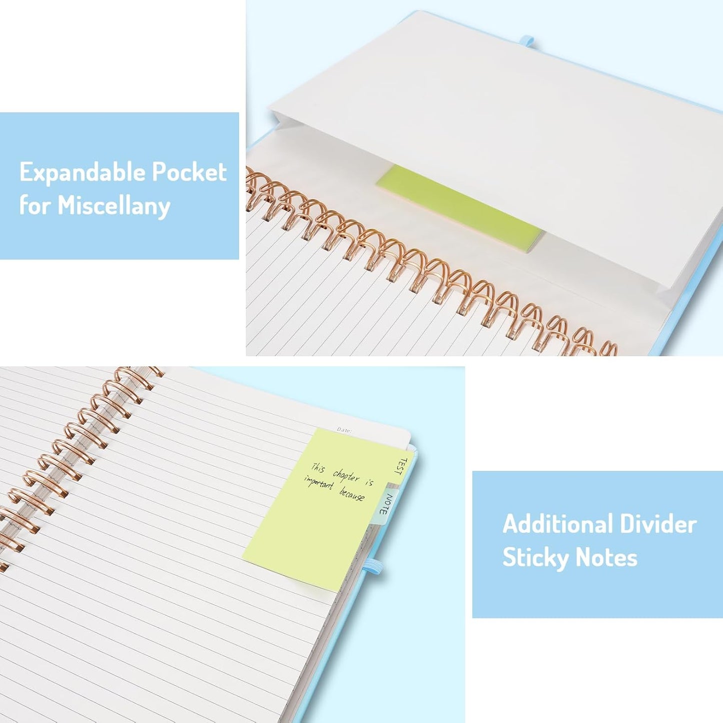 Forvencer Lined Spiral Journal Notebook with 300 Numbered Pages, B5 College Ruled Thick Journals for Writing with 100GSM Paper, Hardcover Notebooks with Contents for Work, School, Women, Men, Sky Blue