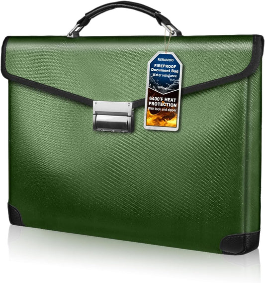 Fireproof Document Bag 14.5"X11"X2.5" Fireproof Money Bag for Cash With Lock and Zipper,Fire&Waterproof Storage Organizer Pouch for Valuables,Legal Document,Laptop,Passport,(Green)