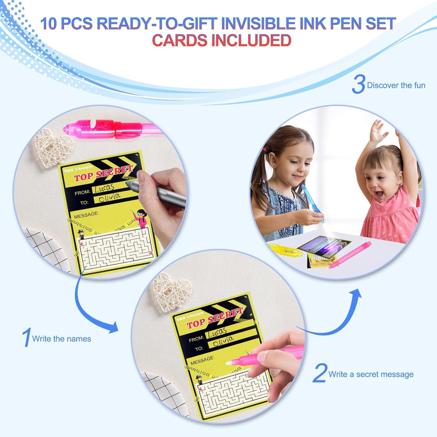 10 Pcs Invisible Ink Pens with UV Led dark light, Word Search & Maze Activities Cards and Bags Included, End of School Year Gift, Fun for Kids' Birthday, Halloween, Christmas, Goodie bag stuffers