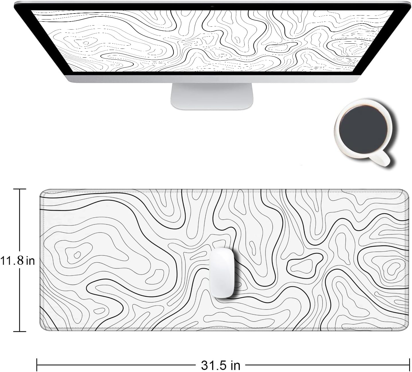 Mouse Pad Large, Extended XL Gaming Mousepad, Non-Slip Rubber Base Minimalist Keyboard Mouse Mat Desk Pad for Work, Game, Office, Home, 31.5 x 11.8 in, White Topographic Map Lines