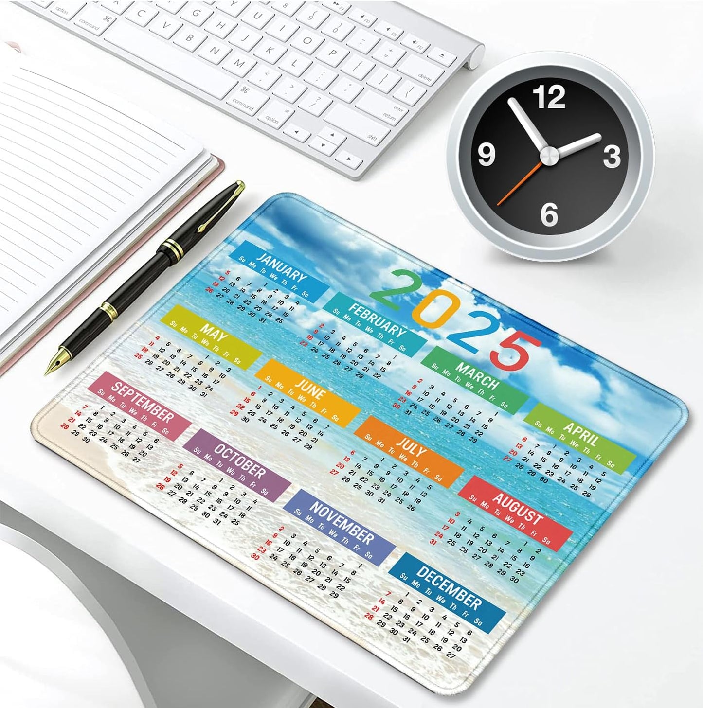 2025 Calendar Rectangular Stitched Edge Office Computer Mouse Pad, Anti Slip Rubber Desktop Gaming Mouse Pad (Beach Calendar)