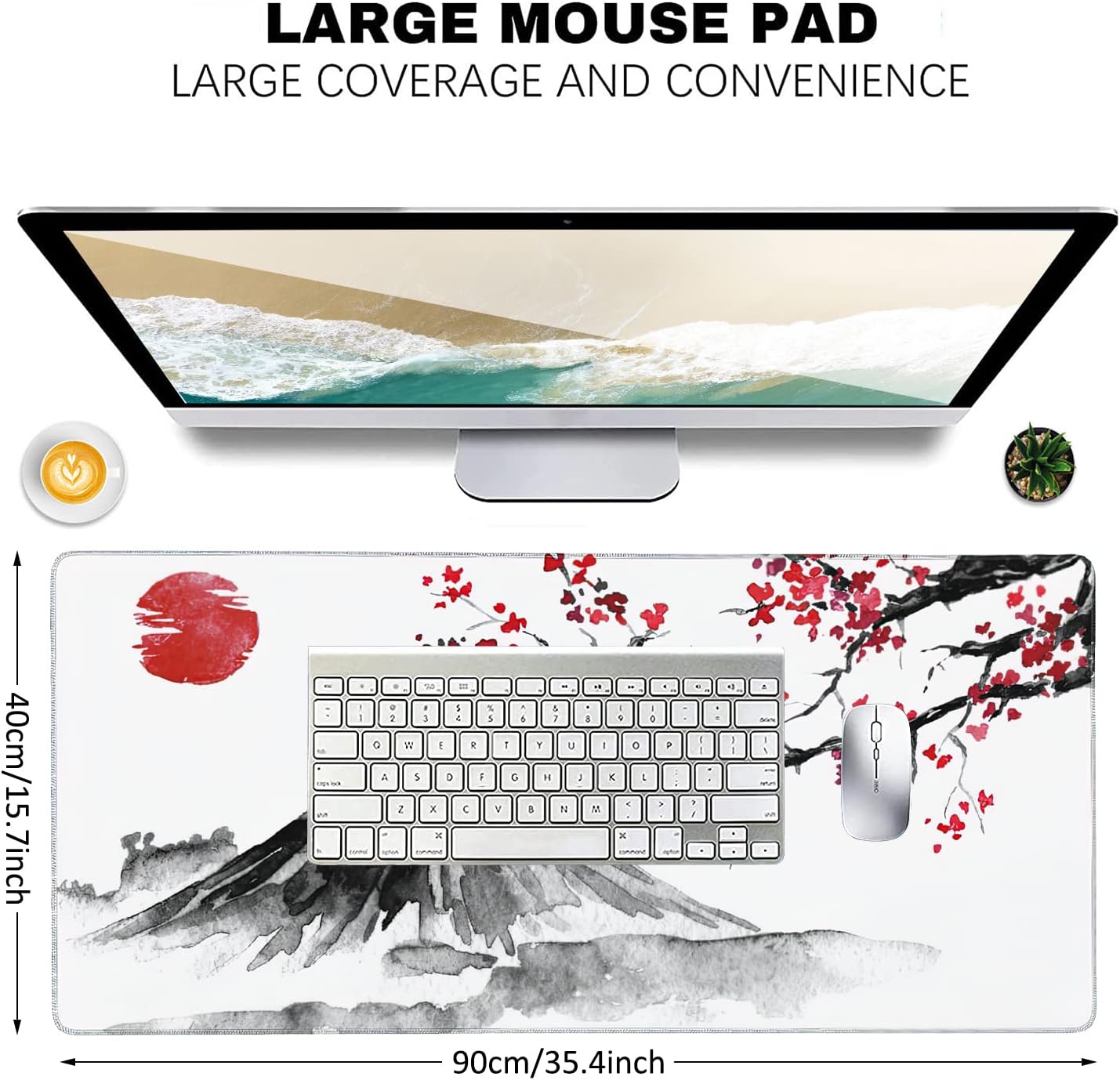 Japan Traditional Sumi-e Painting Extended Gaming Mouse Pad Large Desk Mat with Non-Slip Rubber Base and Stitched Edges,Keyboard Mouse Mat Desk Pad for Work,Game,Office,Home 35.4 * 15.7 Inch