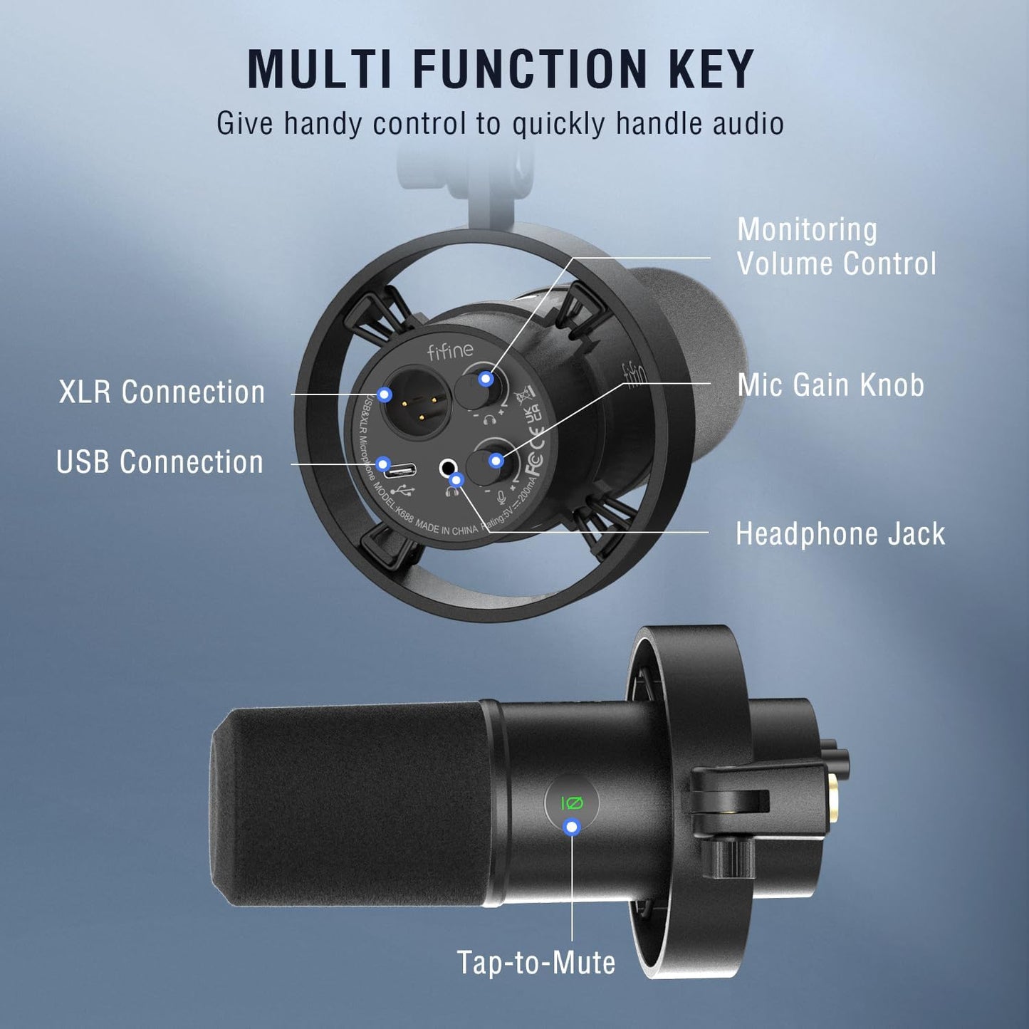 FIFINE Dynamic Podcast Microphone Set with Boom Arm Stand, Studio XLR/USB Microphone for Recording Vocal Streaming, Metal Mic with Mute Tap, Headphone Jack, Heavy Duty Boom Arm-K688T