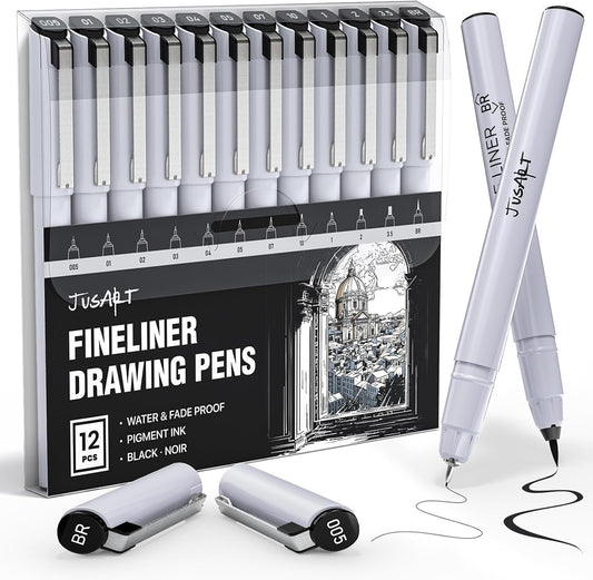 JusArt Fineliner Pens, Ultra Fine, Fine, Brush & Chisel, 12 Size, Waterproof Black Pigment Pen for Artists, Crafters, Illustration, Sketching, Writing, Journaling, Bible Note, Technical Drawing pens