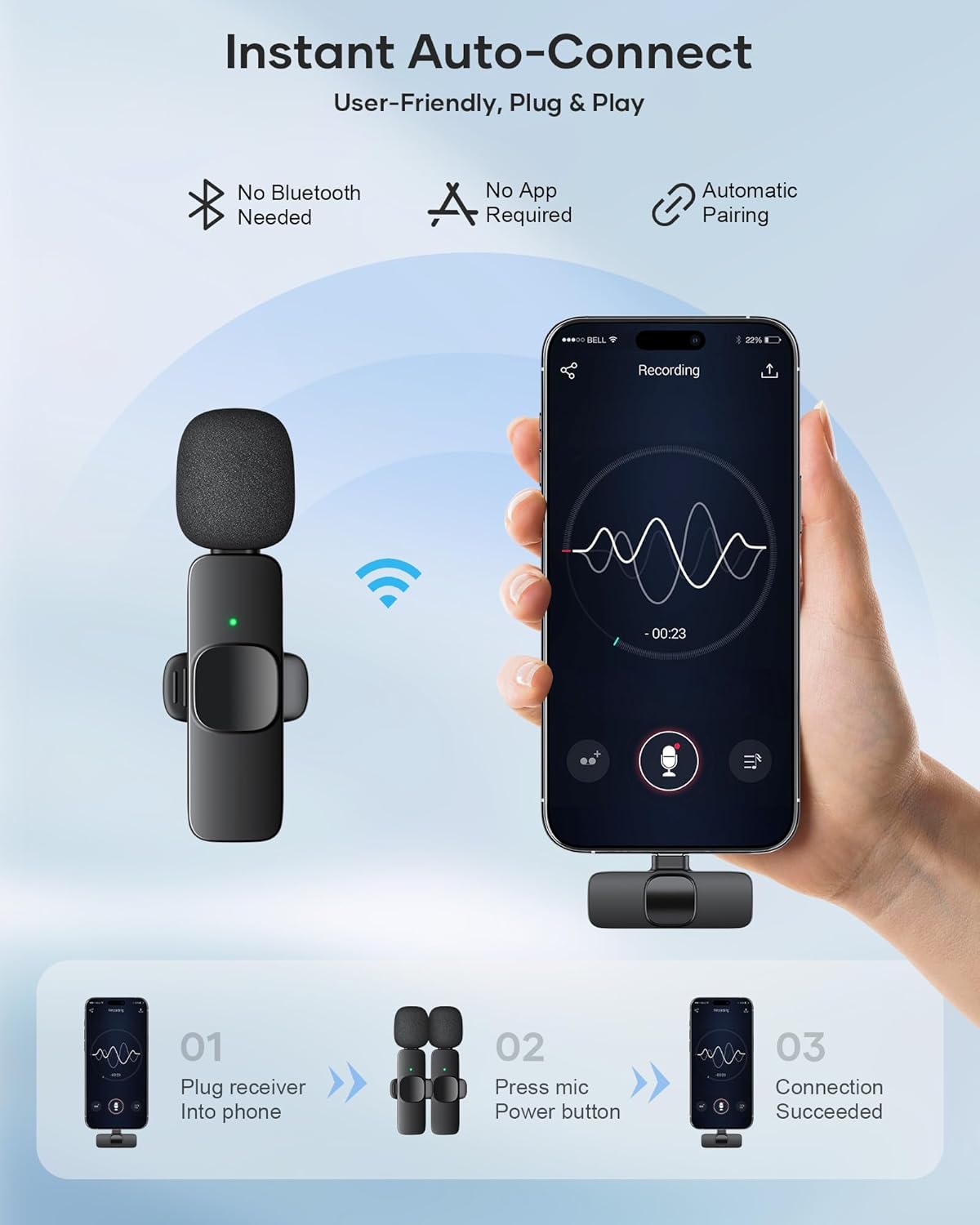 2 Pack Wireless Lavalier Microphone for iPhone iPad and Android Phone, Lapel Mic Plug and Play Wireless Mic Noise Reduction Mini Microphone for Video Recording Interview Podcast Vlog YouTube Tiktok