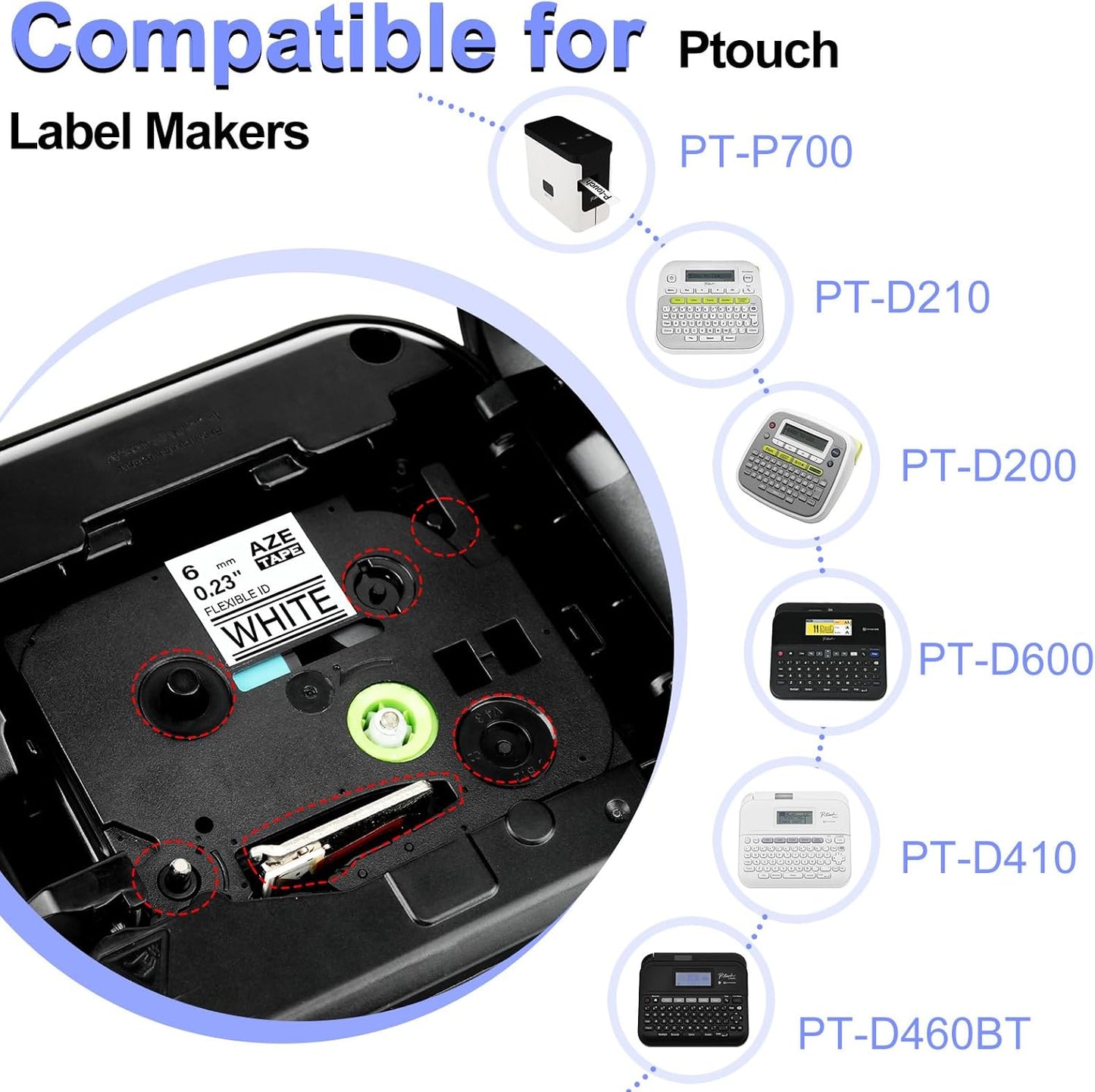 2 Pack 6mm 0.23'' FX211 Laminated Tape Compatible for Ptouch TZ TZe Flexible ID Cable Wires Labels Black on White 1/4" for PTD200 D210 D400 D600 PTH100 H110 PTP300BT PTP700 PTP710BT