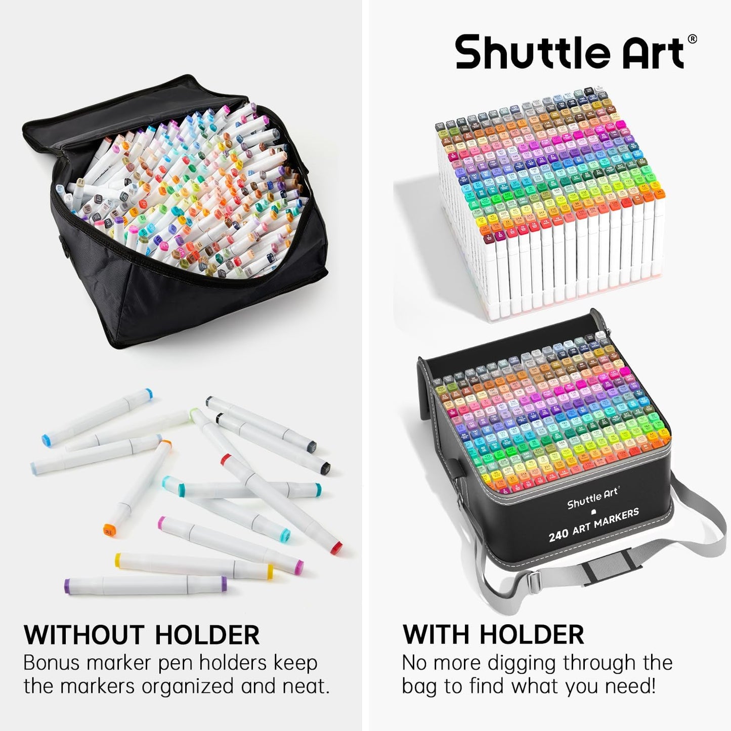 Shuttle Art 240 Colors Alcohol Markers, 239 Colors Dual Tip Art Marker Set Plus Colorless Blender, Micro-tip Pens, White Highlighter Pens, Marker Bag with Holders Perfect for Students Adults Coloring