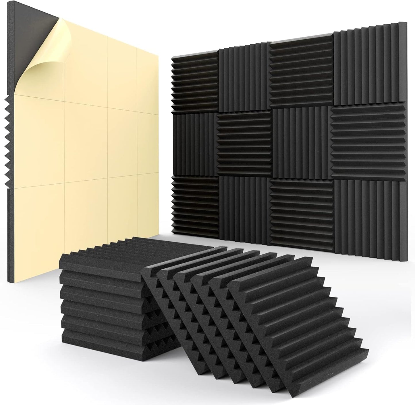 12 Pack Acoustic Panels Self-Adhesive, 1" X 12" X 12" Quick-Recovery Sound Proof Foam Panels, Acoustic Foam Wedges High Density, Soundproof Wall Panels for Home,Studio,Gaming -Black