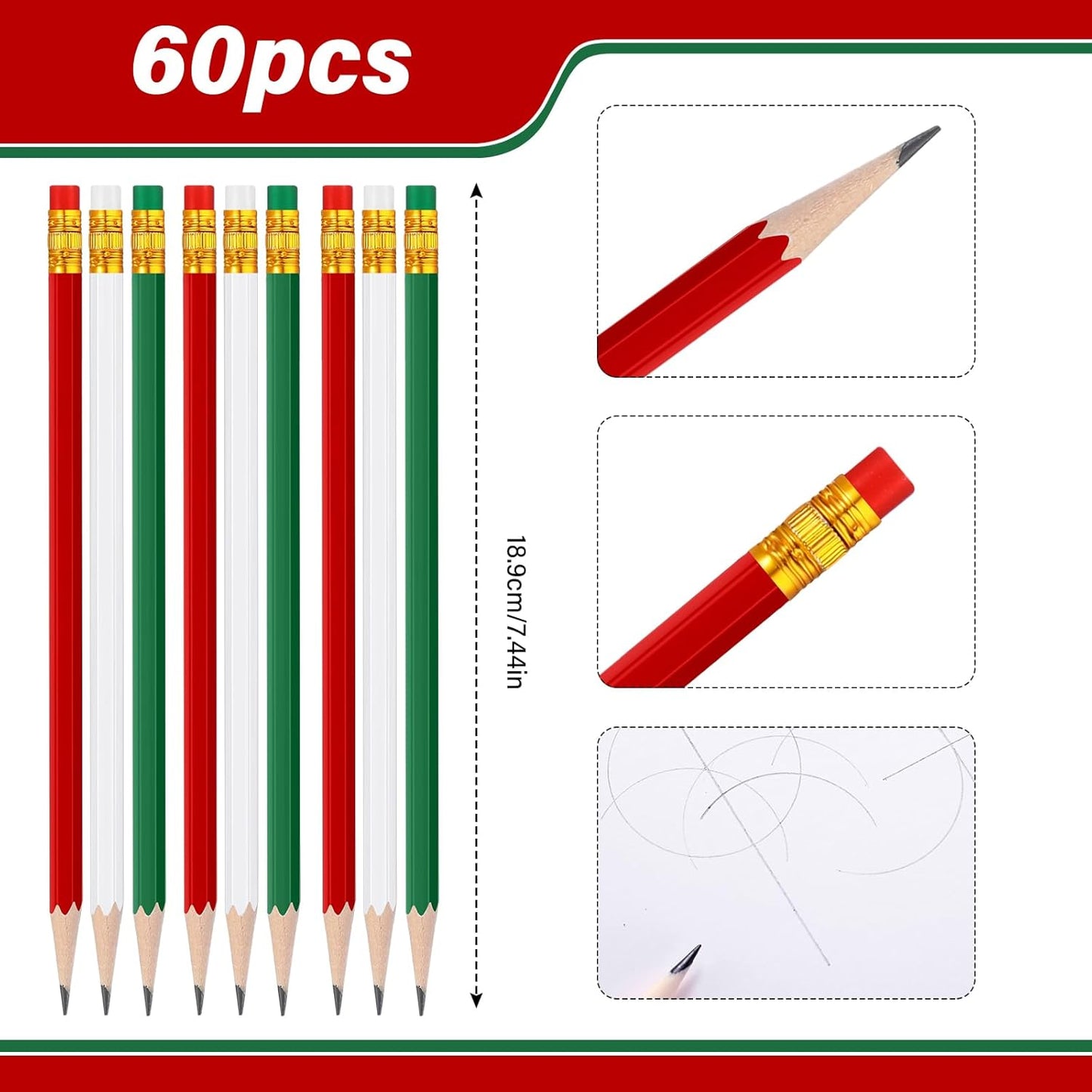 TecUnite 60 Pcs HB Pencils #2 Unsharpened Wood Cased Pencils with Eraser Hexagonal Pencil Cute Graphite No 2 Pen for Adults Gifts Exam School Office Sketching Learning(Red and Green, Gold)