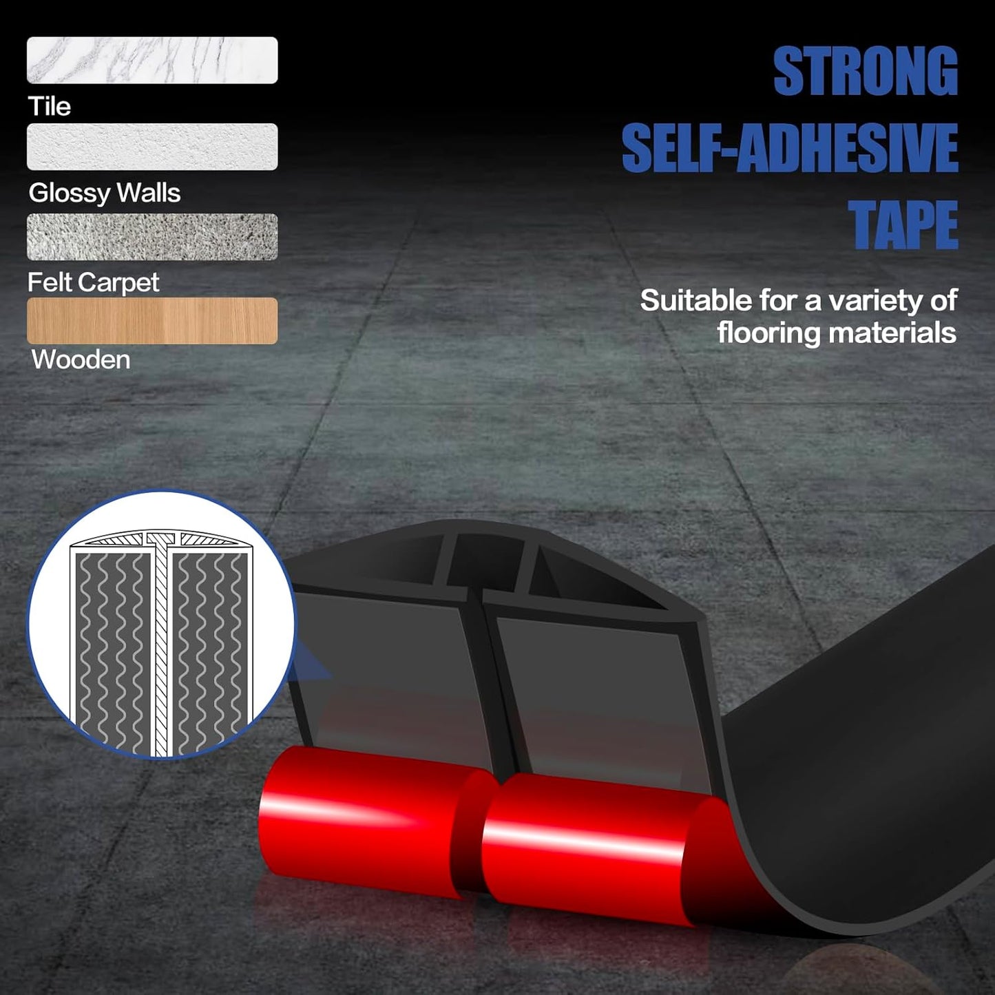 Floor Cord Cover Self Adhesive Cord Hider,20FT Cable Management, Extension Strip Protector for Wires, Prevent Cable Trips for Offices, Gyms, Exhibitions Cavity:0.39"(W) x 0.27"(H) Black