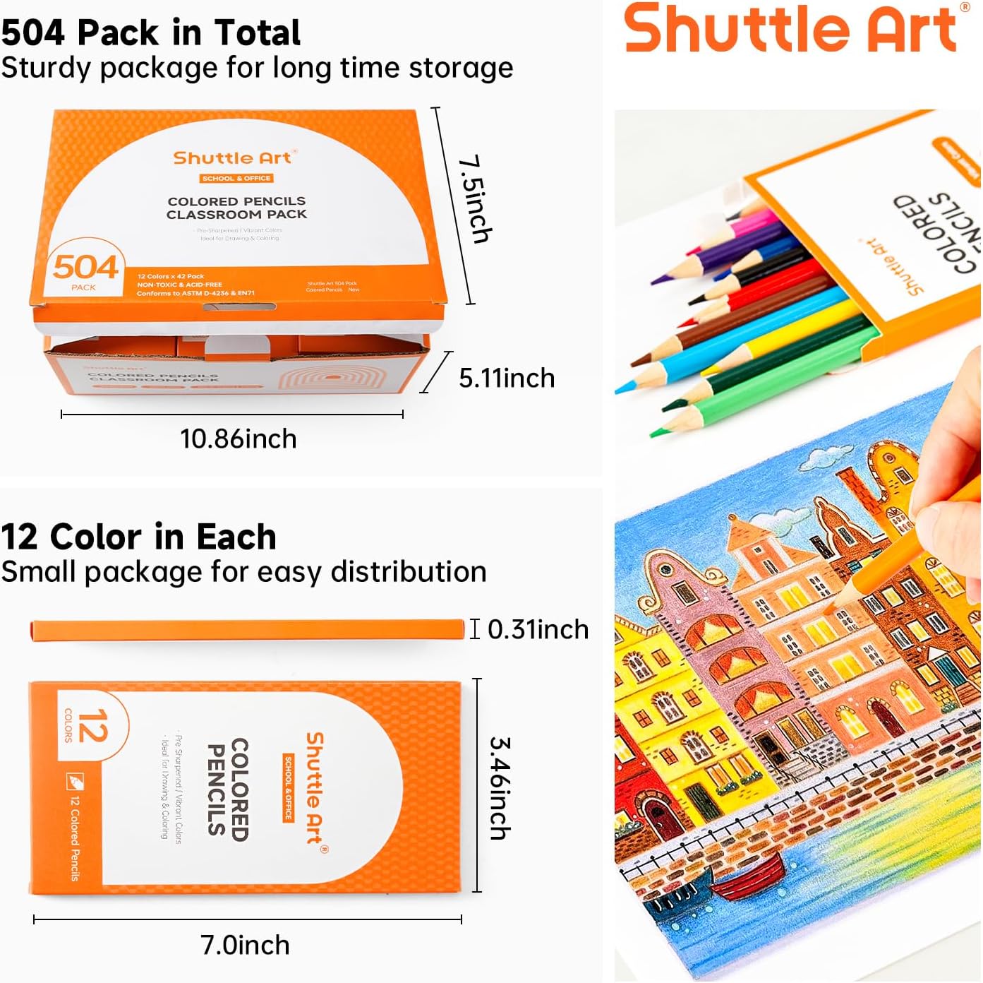 Shuttle Art 504 Colored Pencils Bulk, 12 Vibrant Colors, Pack of 42, Pre-sharpened Coloring Pencils, Wood Colored Pencil for Kids Teachers, Classroom Essentials, Back to School Supplies
