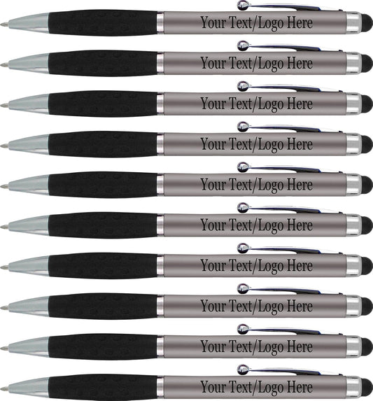 Personalized Pens With your Custom Logo or Text-600 Pack Bulk-for Businesses, Parties, and Events, 2 in 1 Ballpoint Pen & Stylus Compatible with Touchscreen Devices, Grey Barrel, Black Ink