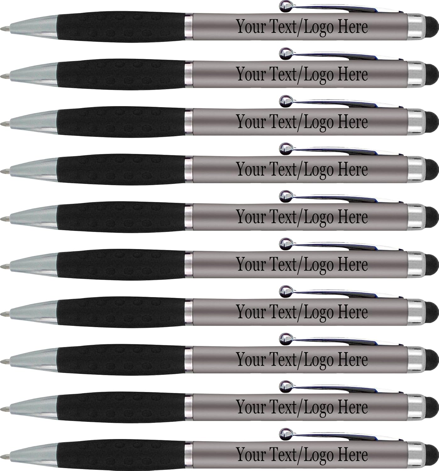 Personalized Pens With your Custom Logo or Text-300 Pack Bulk-for Businesses, Parties, and Events, 2 in 1 Ballpoint Pen & Stylus Compatible with Touchscreen Devices, Grey Barrel, Black Ink