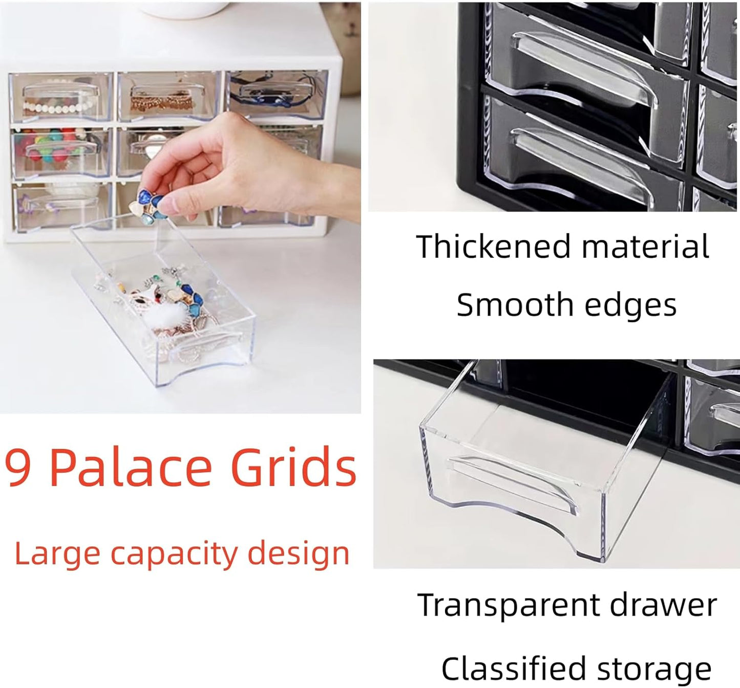 Feadily 1PCS Large Drawer Organizer for Desk, Desktop Drawer Organizer with 9 Clear Drawers, Plastic Desktop Storage Drawers 10.04 Inch x 6.30 Inch x 6.10 Inch, Black