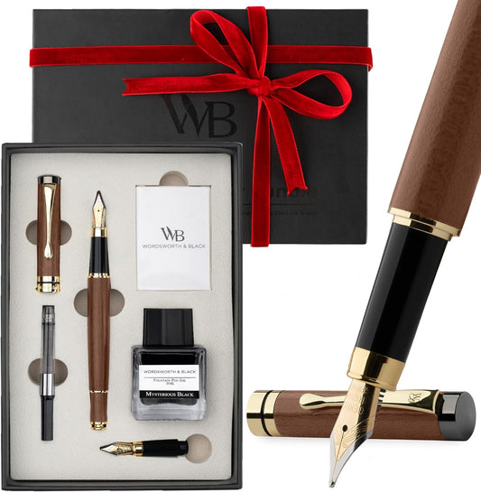 Wordsworth & Black Fountain Pen Set, Luxury Bamboo Wood - Medium Nib, Extra Fine Nib, Gift Case; 25ML Black Ink Bottle, 6 Ink Cartridges, Refill Converter - Calligraphy, Writing [Brown Wood]