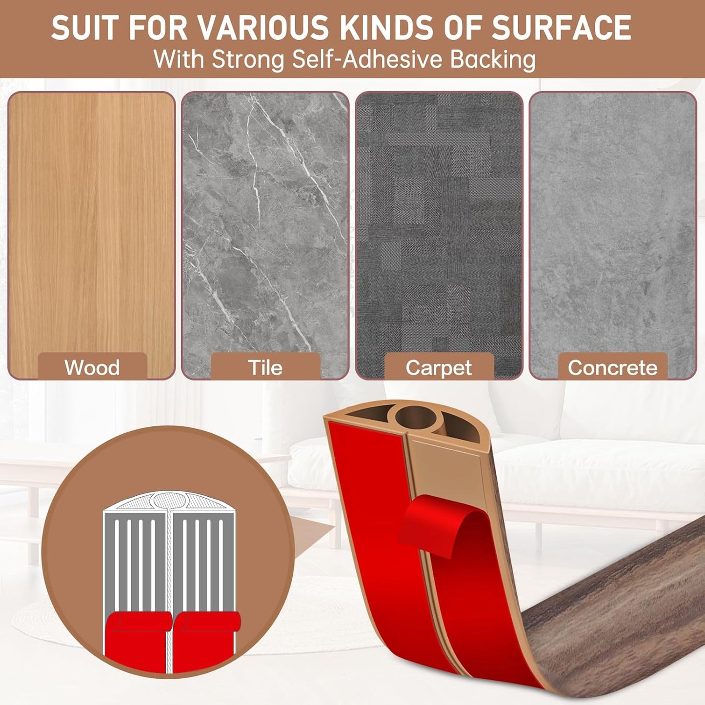 Floor Cord Cover Self Adhesive Cord Hider Floor Extension Cord Covers for Floor Power Cord Protector Cable Management Prevent Cable Trips Cable Cavity 0.32" W x 0.32" H (Smoked Brown Wood, 10Ft)