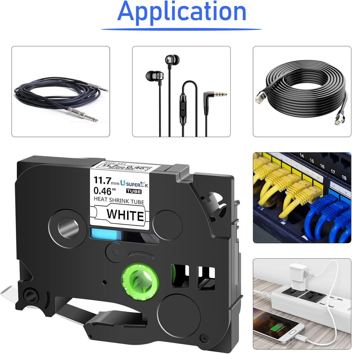 10PK Compatible for Ptouch HSe-231 HSe231 HS-231 HS231 Black on White 11.7mm 0.46'' Heat Shrink Tubing for Wire Cable for PT300 PT-300B PT310 PT310B PT320 Label Maker Tape