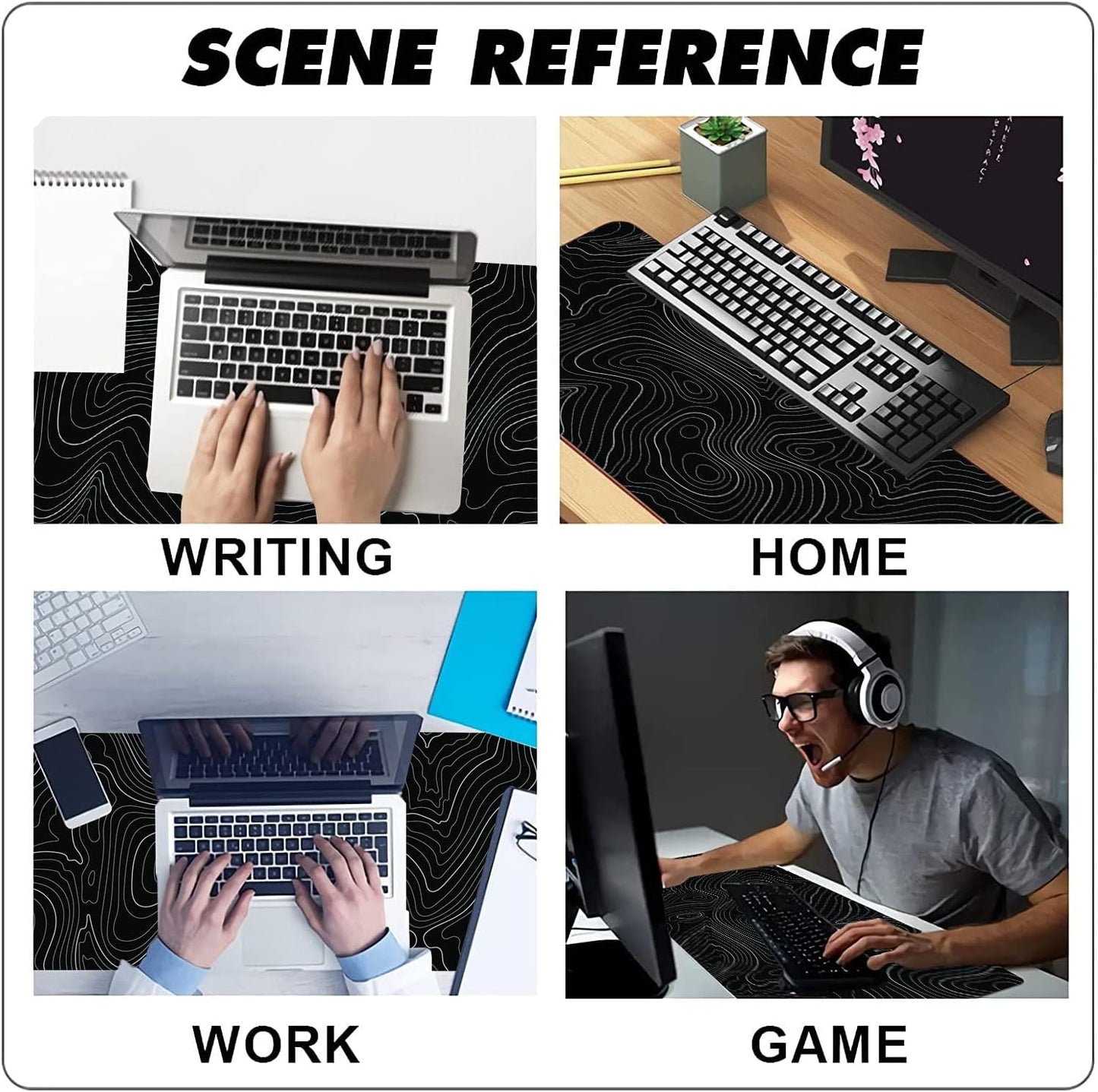 Desk Mat, Topographic Map Lines Pattern Large Desk Pad Extended Gaming Mouse Pad, 35.4 x 15.7inch Mouse Pad with Non-Slip Rubber Base Stitched Edges, Home Office Decor for Women Girls Men Boys