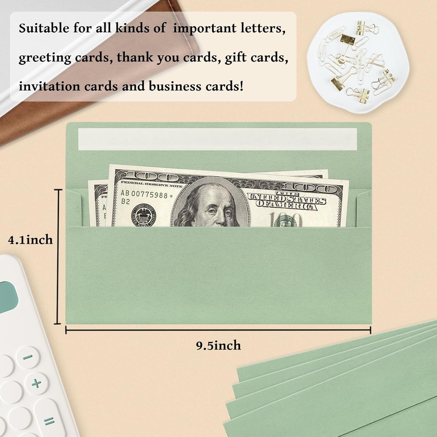 100 Pack #10 Business Envelopes, Sage Green Standard Envelopes Self Seal, Letter Size Mailing Envelopes for Checks Letters Invoices Statements Birthday Graduation Wedding, 4 1/8 x 9 1/2 Inch