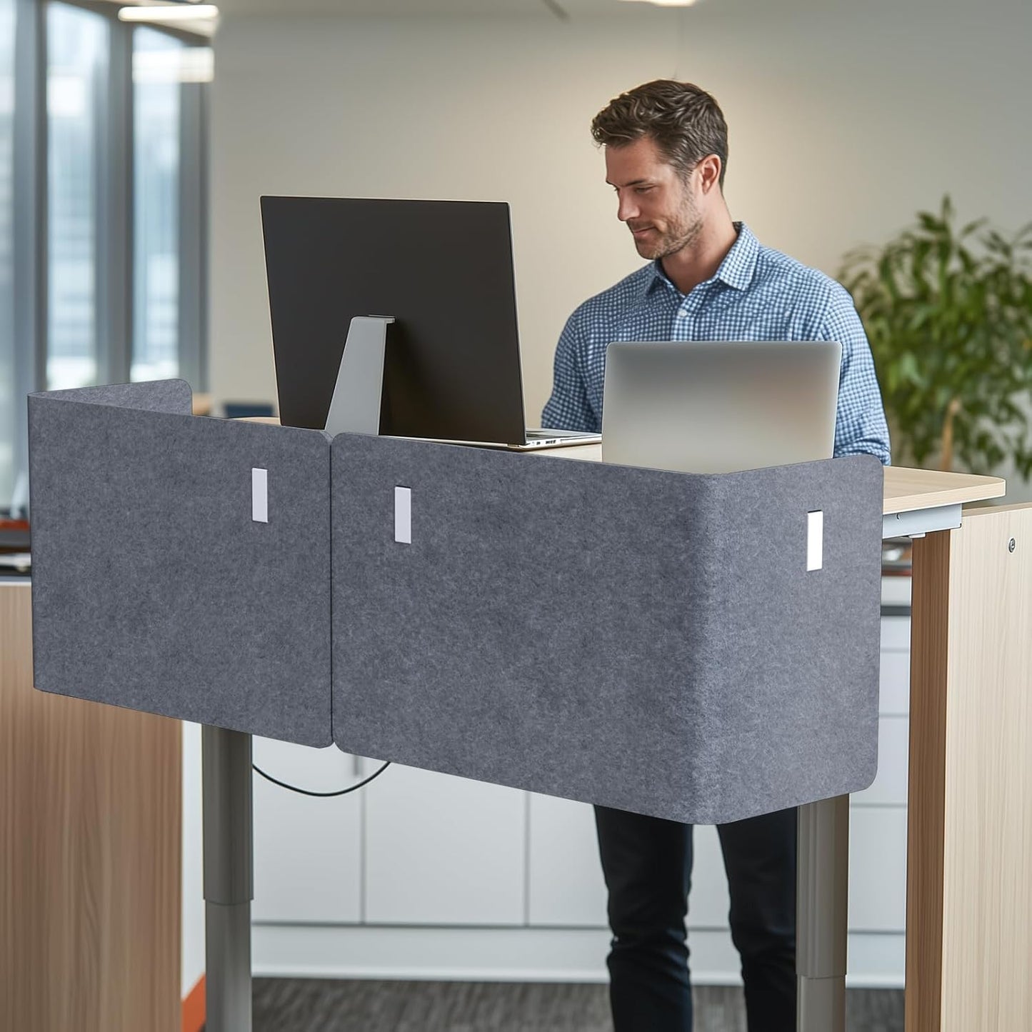 2-in-1 Adjustable Desktop & Under Desk Privacy Panel - 2PCS L-Shaped Acoustic Desk Divider That Reduce Noise and Visual Distractions, for Home Office Classroom (Grey, 39.4" x 15.7")
