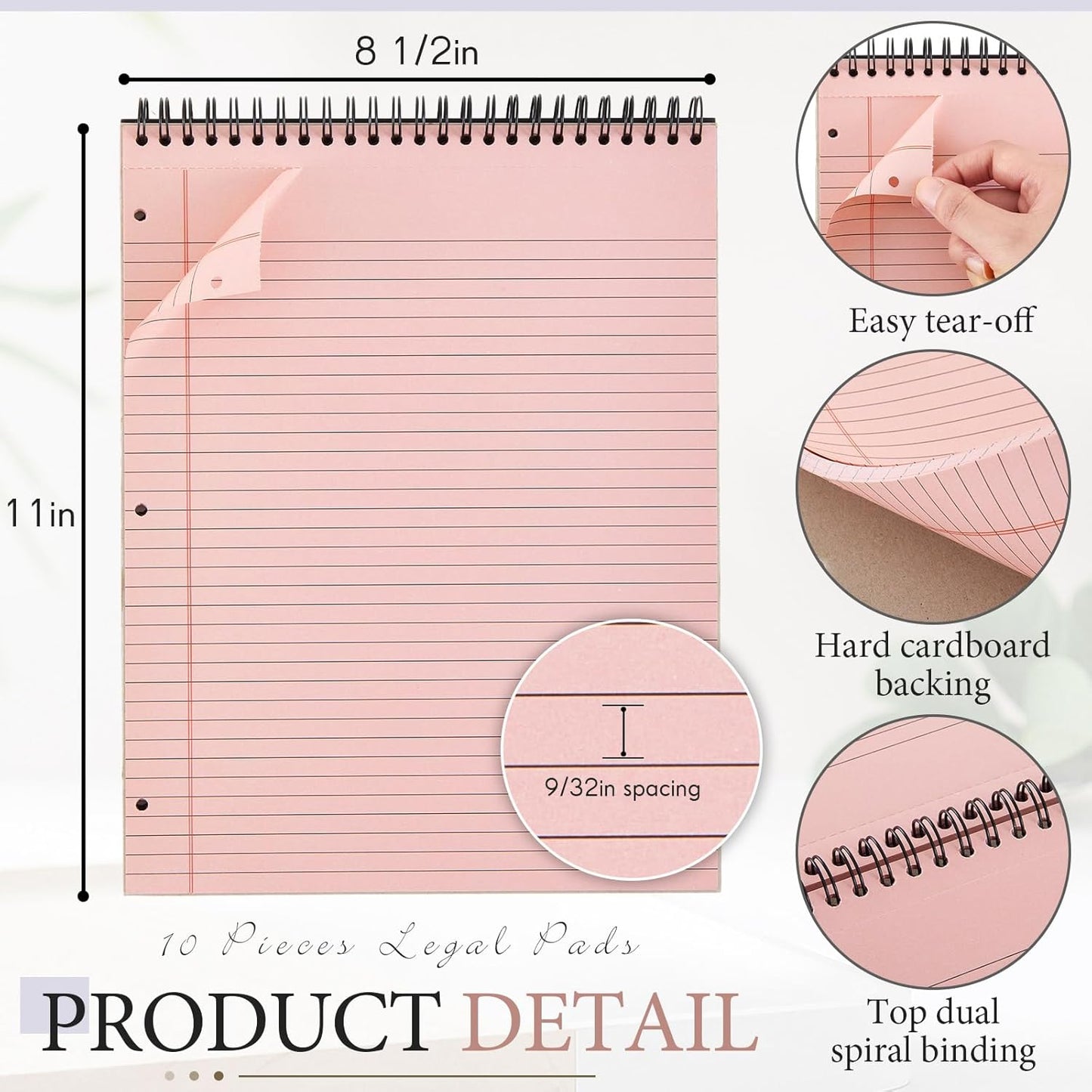 10 Packs 8.5" x 11" Top Spiral Notebook with 3 Hole Punched Legal Pads College Ruled Notepad 50 Sheets Hard Cardboard Paper Wirebound Notepad for Office School Business (Light Colors)