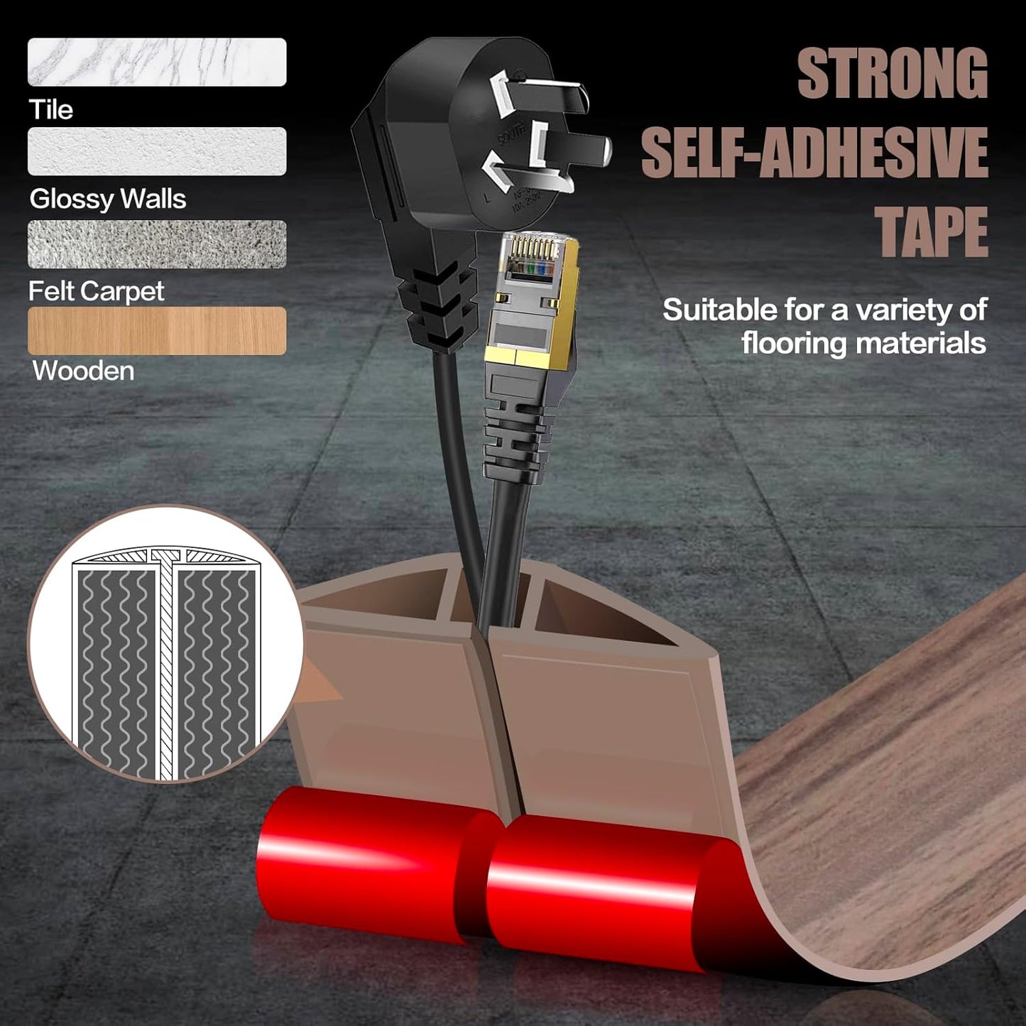 Floor Cord Cover Self Adhesive Cord Hider,10FT Cable Management, Extension Strip Protector for Wires, Prevent Cable Trips for Offices, Gyms, Exhibitions Cavity:0.47"(W) x 0.35"(H) Wood Walnut