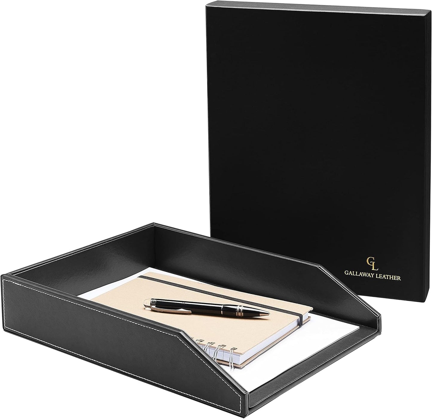 Gallaway Leather Letter Tray Organizer - PU Leather Desk Tray, Perfect for Office Organization, Document Holder Fits A4 Paper, Stackable Drawers for Extra Storage (Black)
