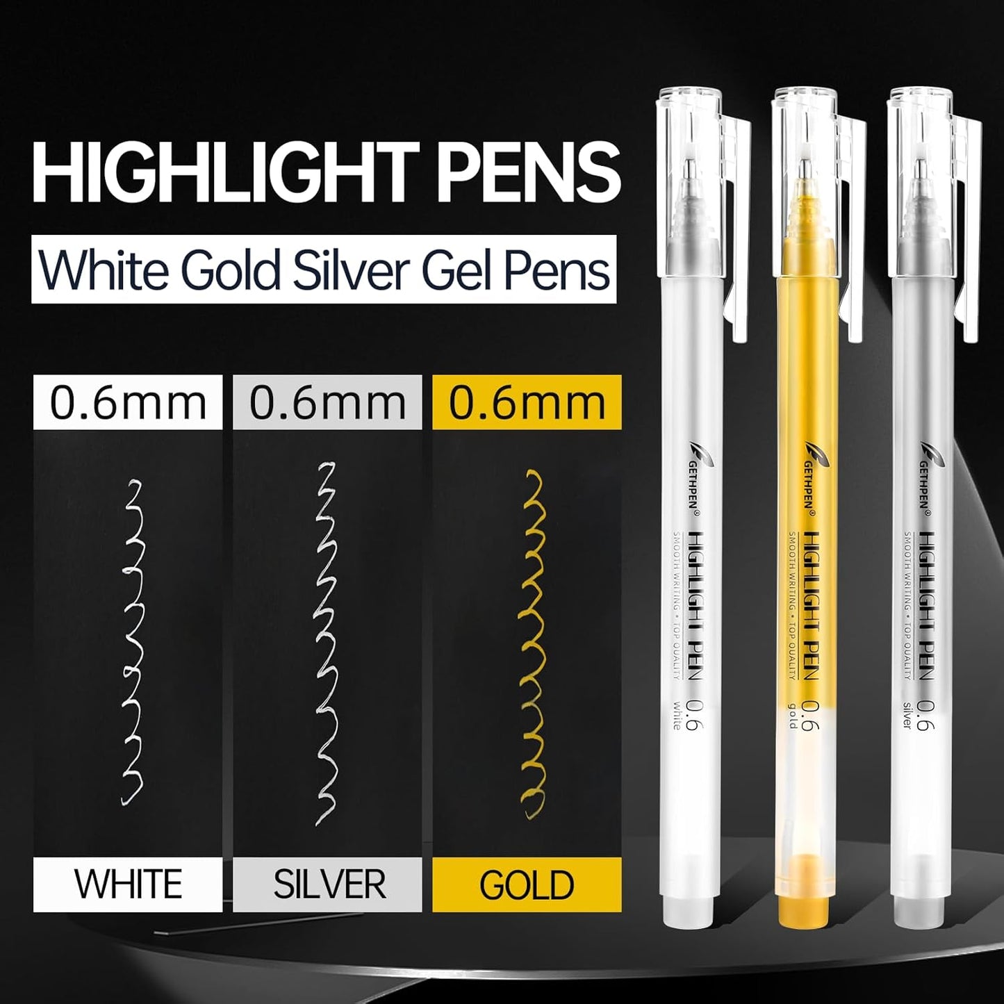 0.6mm Fine Point White Gel Pens, 3-Pack for Artists Drawing, Sketching, Illustration, and Adult Coloring Books, Opaque White Ink for Black Paper, Bullet Journaling, and Card Making