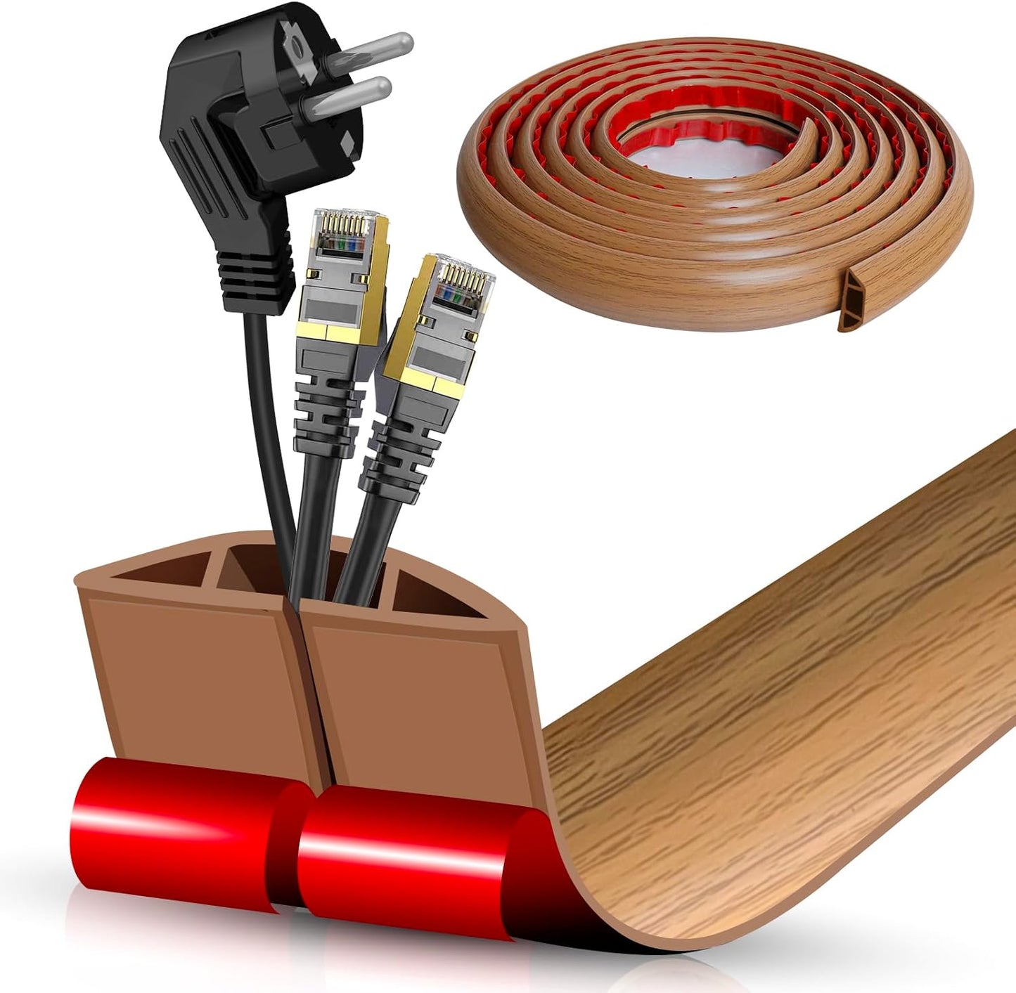 Floor Cord Cover Self Adhesive Cord Hider,10FT Cable Management, Extension Strip Protector for Wires, Prevent Cable Trips for Offices, Gyms, Exhibitions Cavity:0.51"(W) x 0.3"(H) Brown Wood