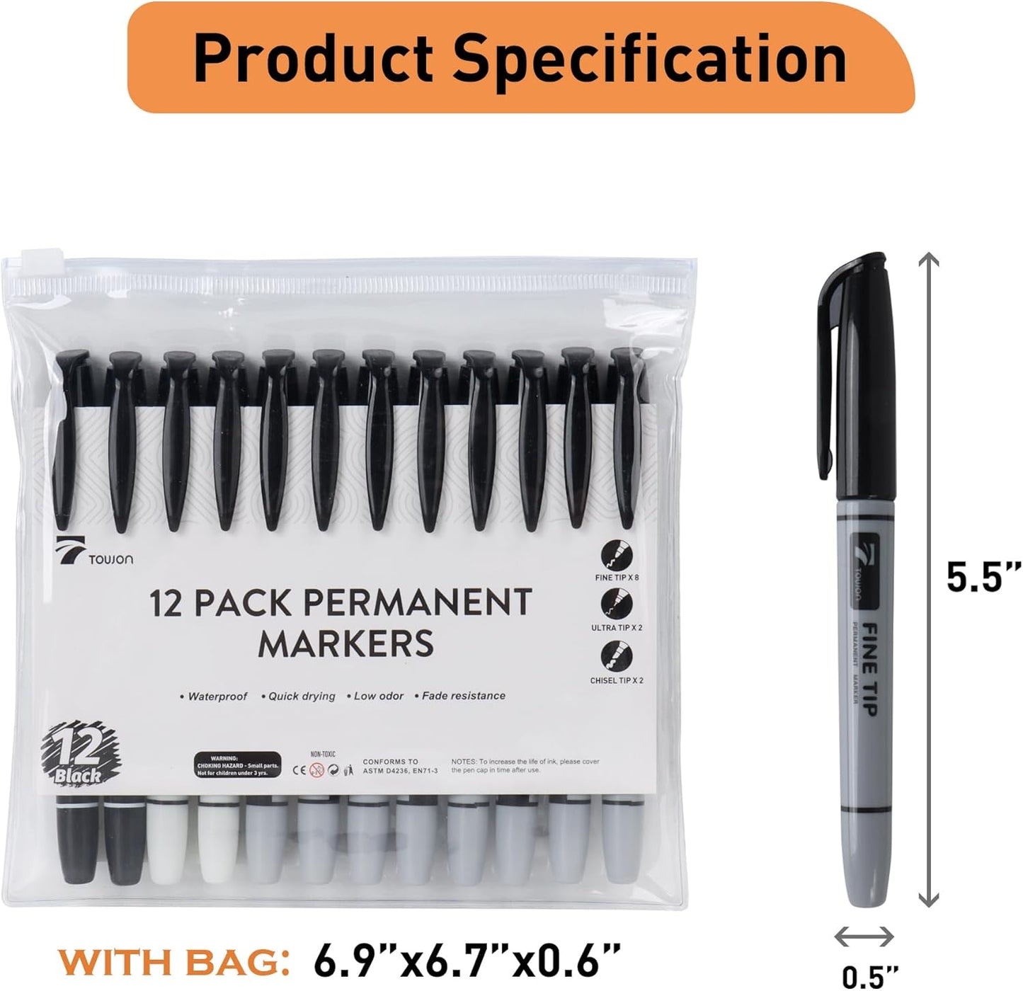 12 Black Permanent Markers with Bag - Waterproof Quick Drying Pens Set 8 Fine Tip, 2 Ultra Fine, 2 Chisel Tip Office Home School Supplies for Adults Writing Doodling Marking