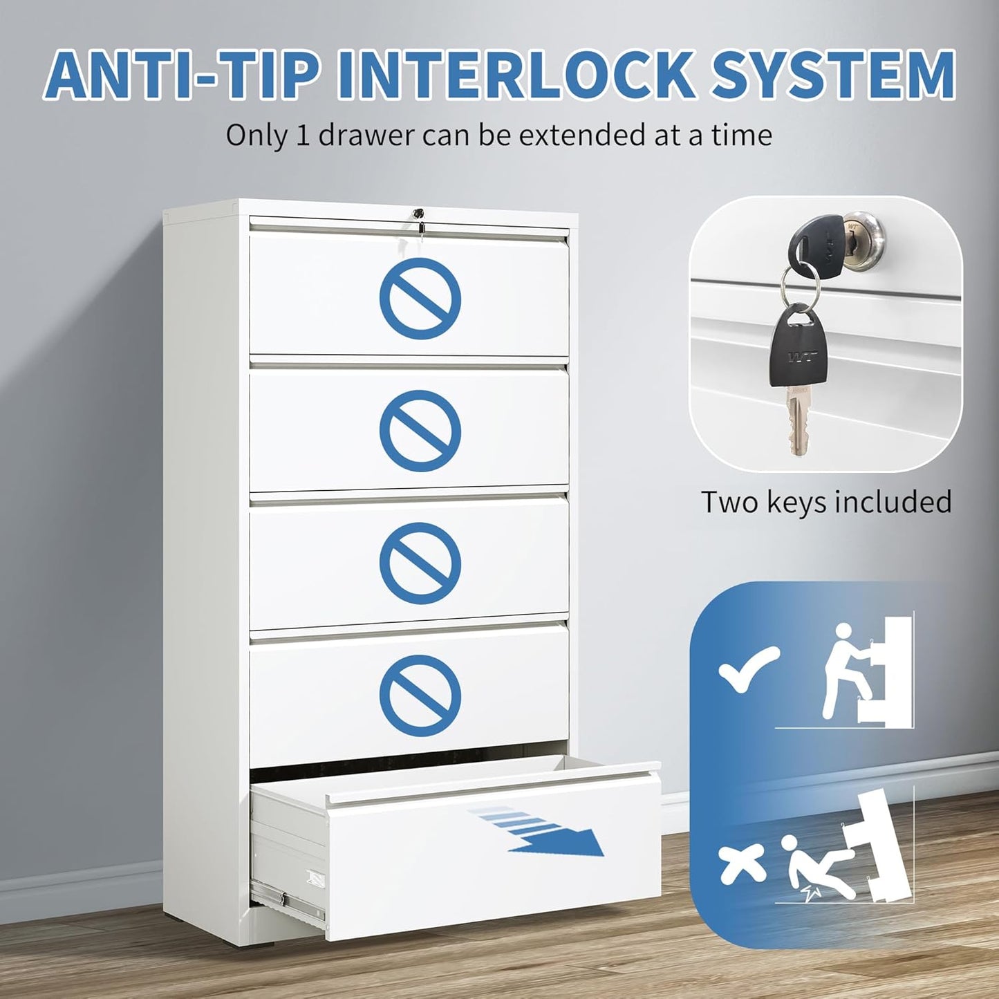 File Cabinets 5 Drawer,Metal Office Storage Filing Cabinet with Lock,White Lateral Filing Cabinet for Home Office,Horizontal Locking File Cabinets for Legal/Letter/A4,Assembly Require,White