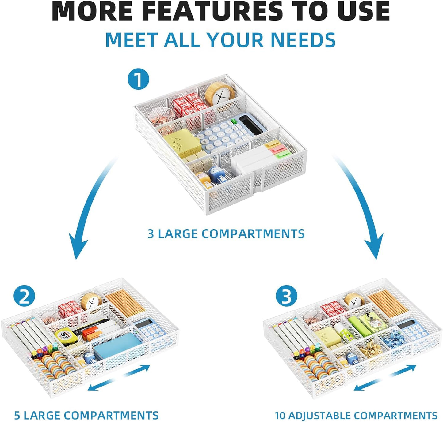 Marbrasse Expandable Desk Drawer Organizer, Mesh Drawer Organizer Tray with 10 Adjustable Compartments, Desk Organizers and Accessories, 5 Dividers Drawer for Office Supplies, Makeup & Vanity (White)